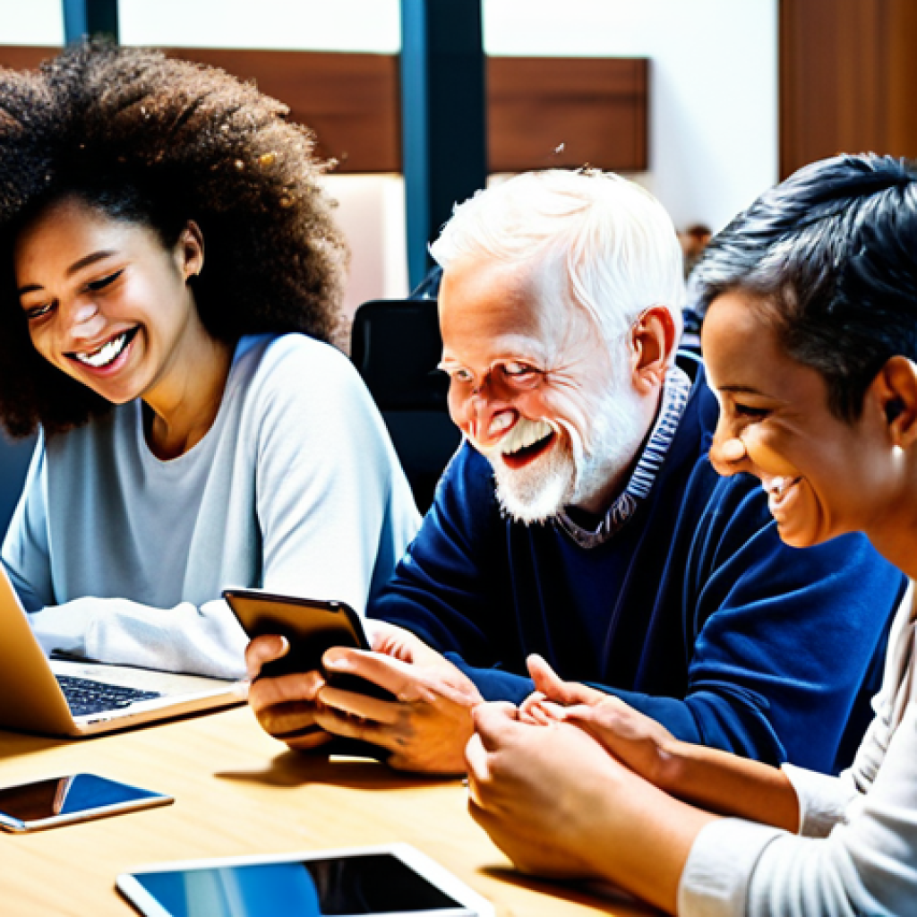 A group of diverse people, young and old, using various digital devices (smartphones, laptops, tablets) in a brightly lit, modern co-working space. Some are smiling and collaborating, while others are focused on their screens. The scene should convey a sense of digital inclusion and bridging the digital divide, emphasizing access to technology and digital skills.